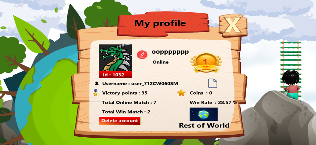 Snake and Ladder Online user profile showing player statistics and win rate