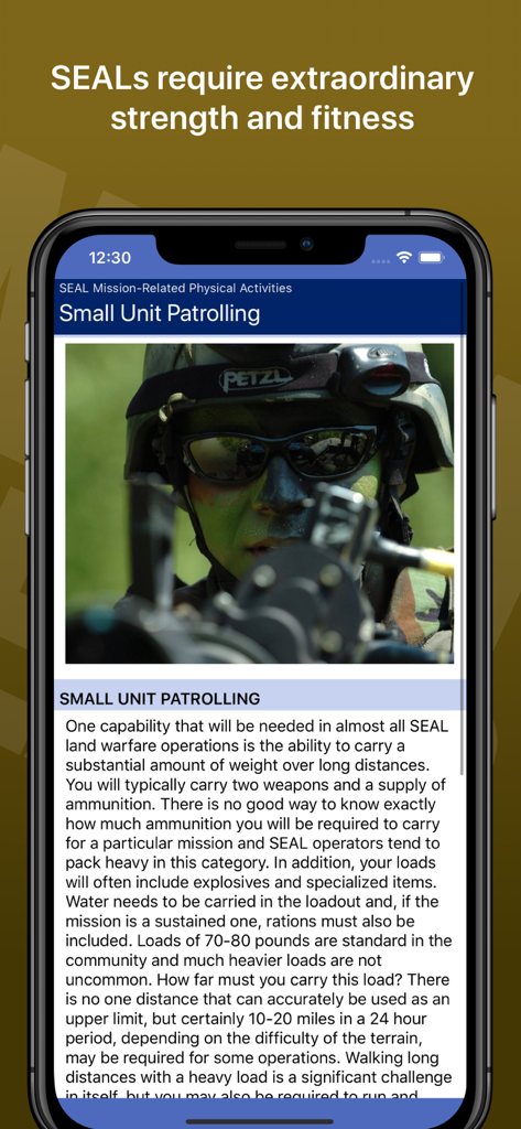 Navy SEAL Fitness app screen showing training details for small unit patrolling