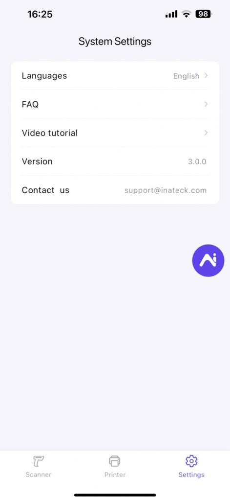 Inateck Office - System settings page of Inateck Office app with support and language options
