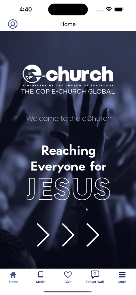 The home screen of The COP eChurch app featuring a welcome message and navigation icons for media, giving, and a prayer wall.