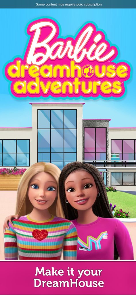 Barbie Dreamhouse Adventures - Barbie e sua amiga Brooklyn sorrindo em frente à moderna Casa dos Sonhos com o logotipo do aplicativo