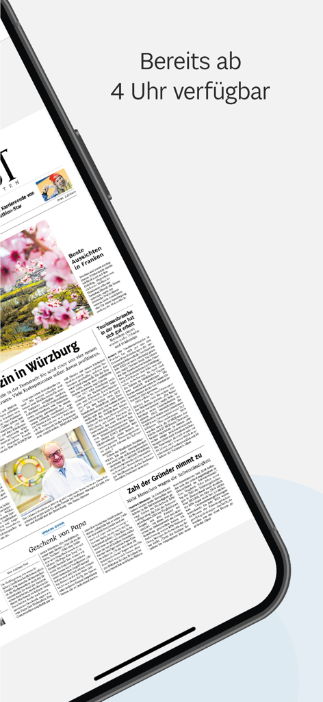 Main-Post ePaper - Main-Post ePaper Nachrichten-App zeigt digitale Zeitungsseiten auf einem Smartphone.