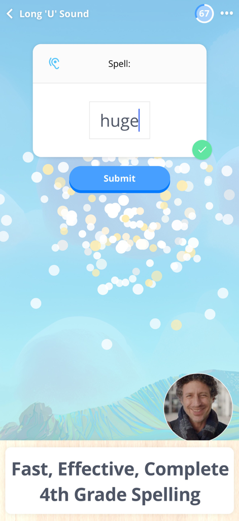Spelling Ace 4th Grade - Interface of Spelling Ace 4th Grade app showing a spelling exercise for the word huge with a submit button.
