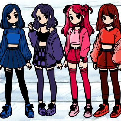 one girl with crop-top shirt and a jacket with a skirt, long socks and another girl with a shirt and pants with a jacket