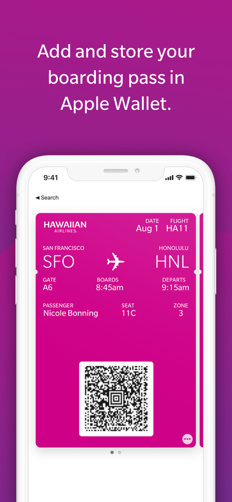 QR 코드가 포함된 하와이안 항공 디지털 탑승권과 Apple Wallet 통합 기능을 보여주는 스마트폰