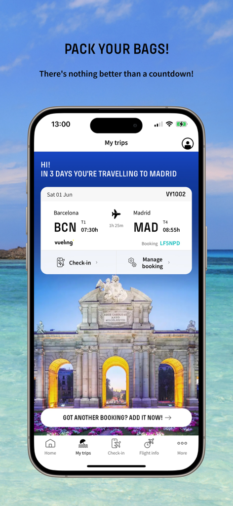 Vueling Airlines-Cheap Flights - Pantalla de la app Vueling que muestra una reserva de vuelo de Barcelona a Madrid con una cuenta regresiva hasta el viaje.