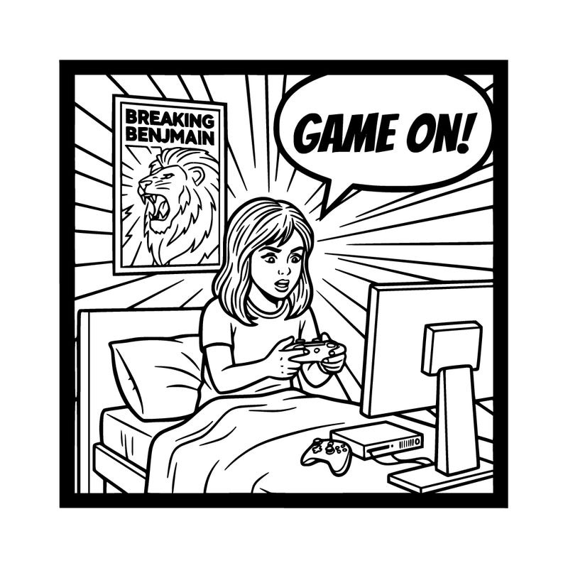 create me a photo that shows a girl sitting on her bed playing with her xbox. there should be a breaking benjamin poster on the wall behind her.