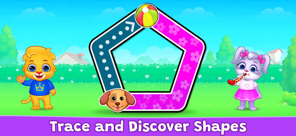 Colors & Shapes - Learn Color - Pantalla de juego educativo para niños pequeños que muestra una actividad de trazado de formas de pentágono con personajes de dibujos animados.