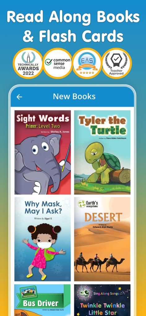 Screenshot of the Read-Along app showing new books for kids and teacher approved award badges