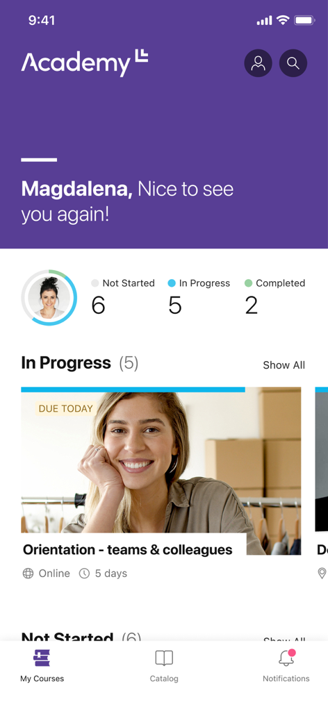 Learnster U - Painel do aplicativo Learnster U mostrando o progresso do curso e os módulos de aprendizado ativos.