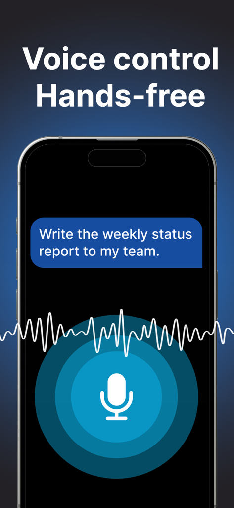AI Email Writer - Boss - A smartphone interface showing the hands-free voice control feature for drafting emails in the Boss AI app.