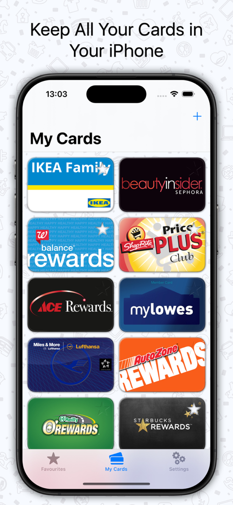 Oyko - Loyalty Cards Wallet - Screenshot of the Oyko app on an iPhone displaying a digital wallet with multiple loyalty cards including Sephora, Walgreens, and Starbucks.