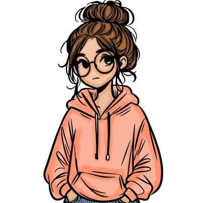 teen girl with a messy bun and glasses wearing a loose hoodie and jeans