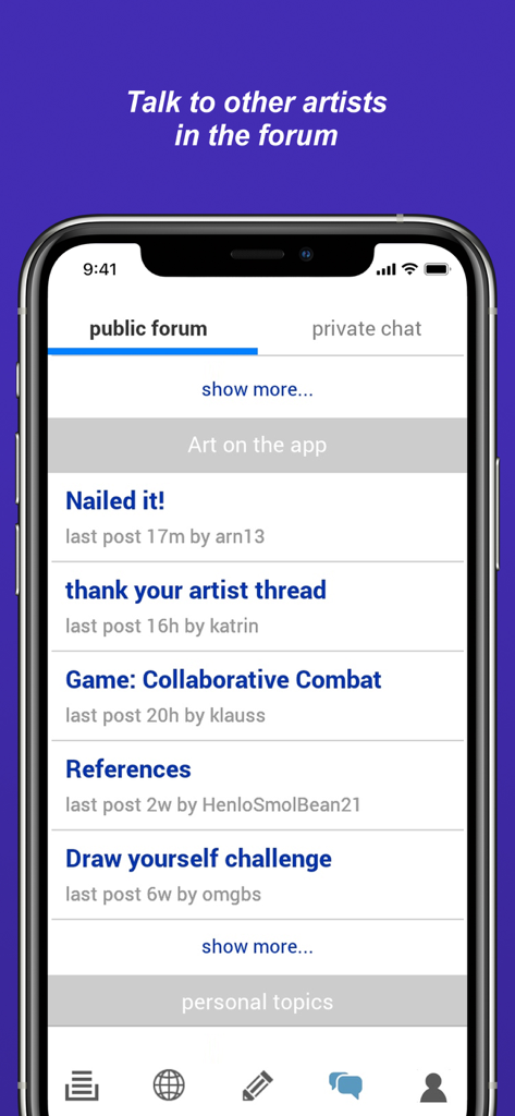 Draw With Me... - Interface of the Draw With Me app showing the public forum for artist discussions and challenges.