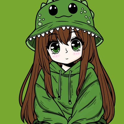 girl with anime shaped eyes with a dinosaur bucket hat oversized sweatshirt long straight hair