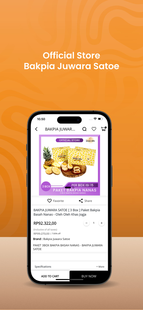 The product detail page for a pineapple bakpia package on the Pia Juwara Satoe mobile app.