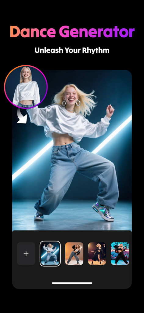 AI Video Generator : SelfyzAI - Un portrait d'une jeune femme transformé en une vidéo de danse dynamique à l'aide de l'outil de générateur de danse d'IA SelfyzAI.