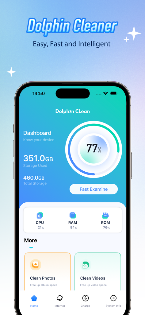 Dolphin Clean - Smart Cleaner - Dolphin Clean アプリのダッシュボード画面。ストレージ使用率と写真・動画のクイッククリーニングオプションが表示されています。