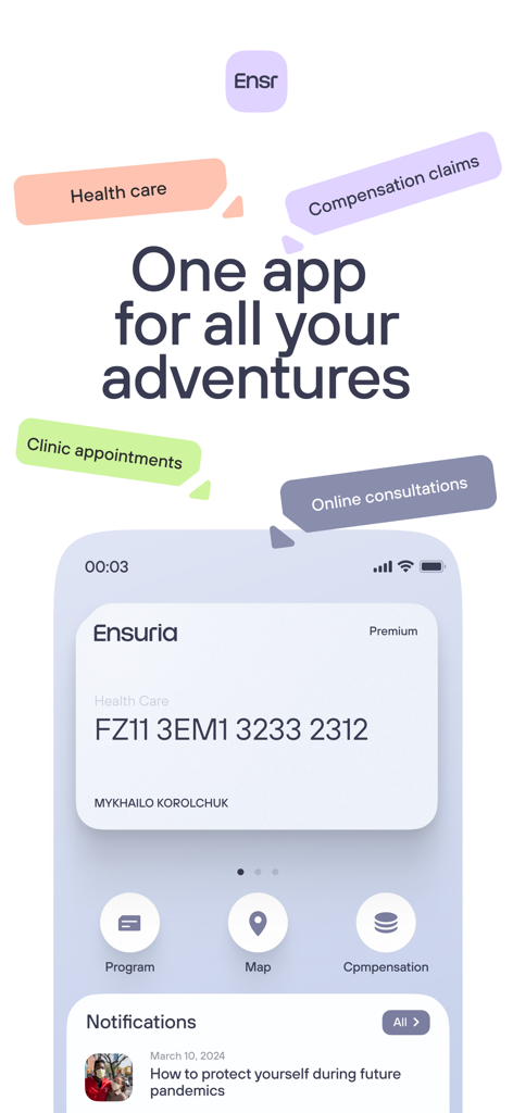 Interfaz de la app móvil de Ensuria mostrando la tarjeta de seguro digital y funciones de seguros para el estilo de vida