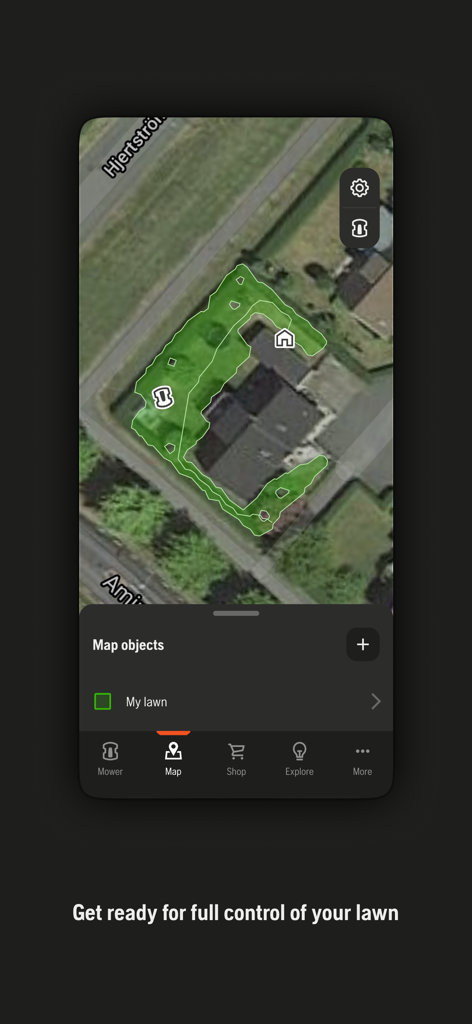 Eine Satellitenkartenansicht in der Automower Connect App, die die Position des Mähroboters und die Rasengrenzen zeigt