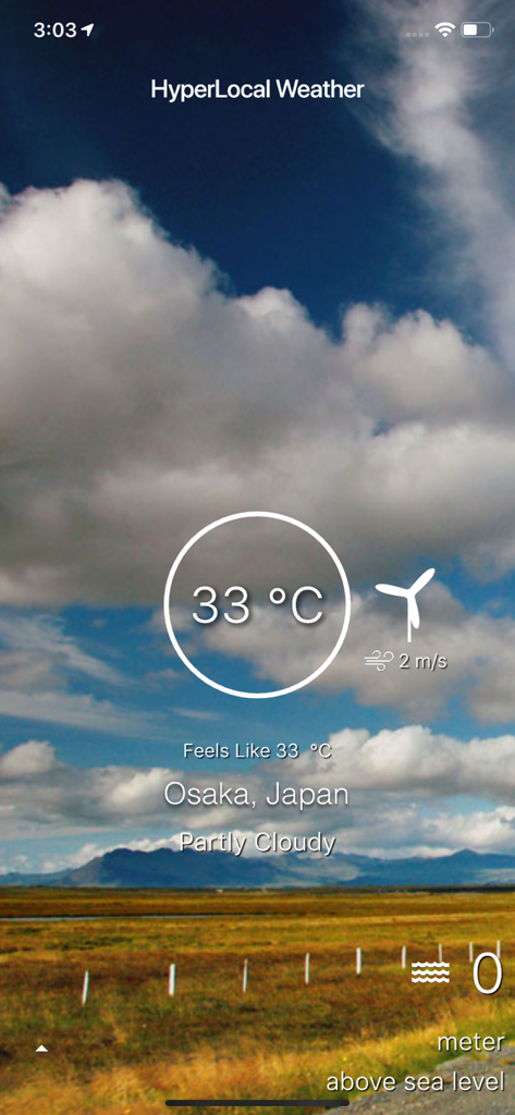 Hyper Local Weather - Hyper Local Weather app interface showing temperature wind speed and zero meter elevation in Osaka Japan