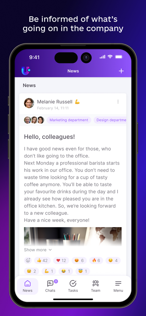 Uspacy app news feed interface showing a company announcement with social reactions