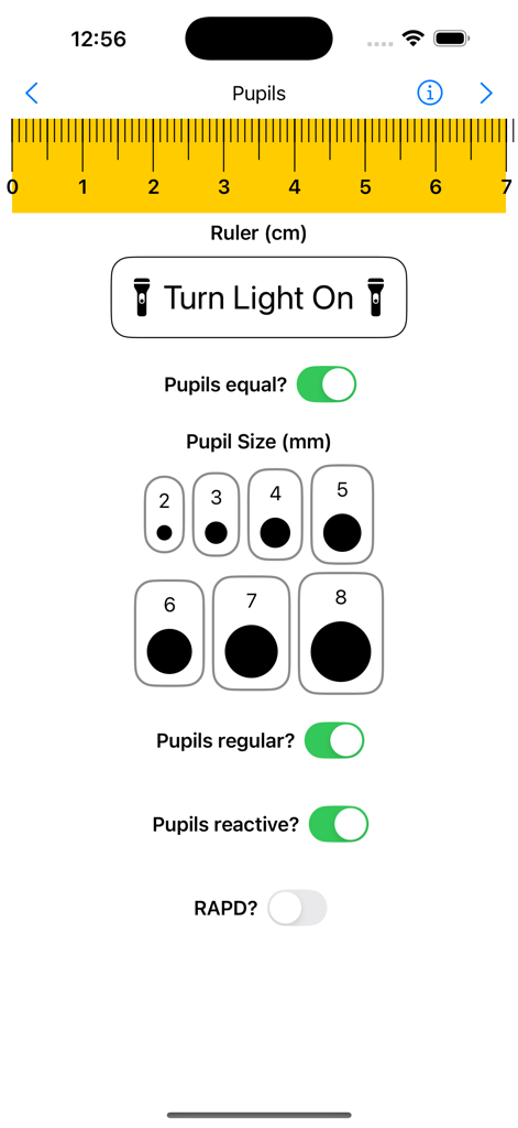 EyeMate - EyeMate app interface for pupil size measurement and clinical assessment toggles