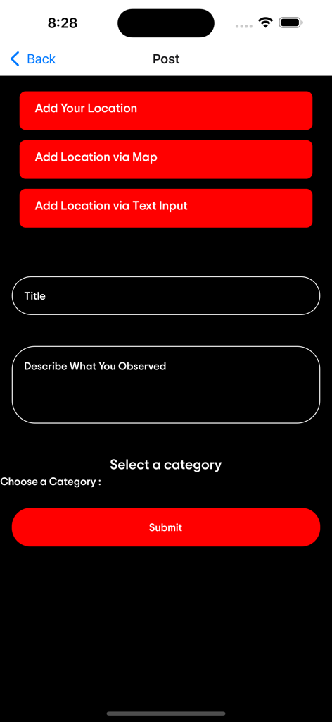 Paranormal Hunter - Mobile app screen to submit a report of a paranormal observation with location options