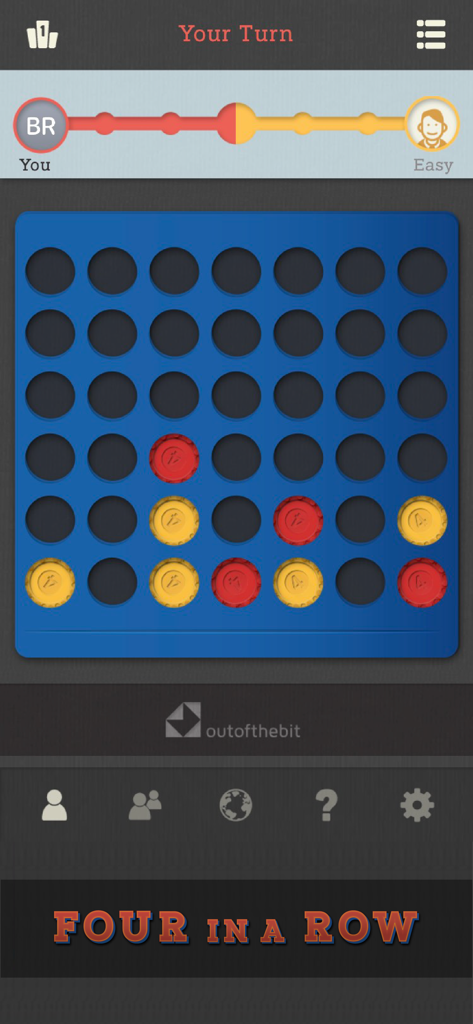 Four In A Row - Classic Games - Gameplay-Bildschirm von Vier Gewinnt, der ein blaues Spielfeld mit roten und gelben Steinen gegen einen KI-Gegner zeigt.