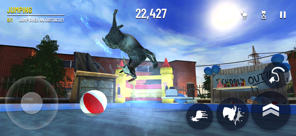 Goat Simulator: Pocket Edition - A goat jumping in the air over a swimming pool and a bouncy castle in a backyard setting.