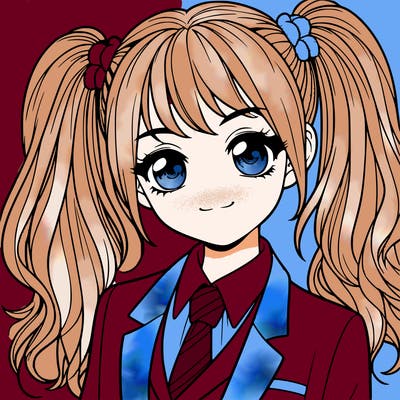 realistic girl with two ponytails and a suit on