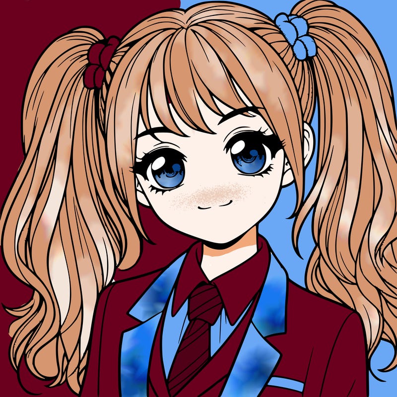 realistic girl with two ponytails and a suit on