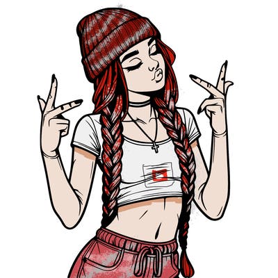 realistic teenage girl with braids and a beanie and crop top doing 🫶🏼