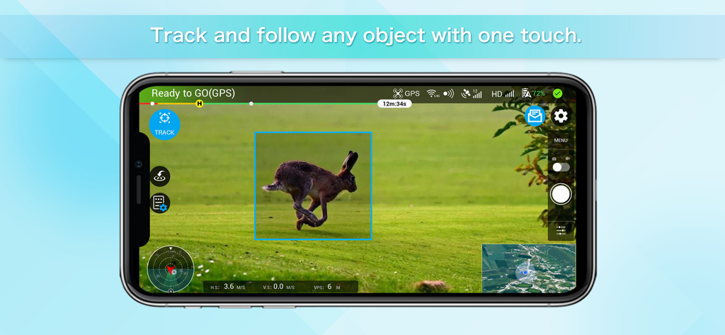 Rainbow for DJI Drones app interface showing the track and follow feature tracking a running rabbit.