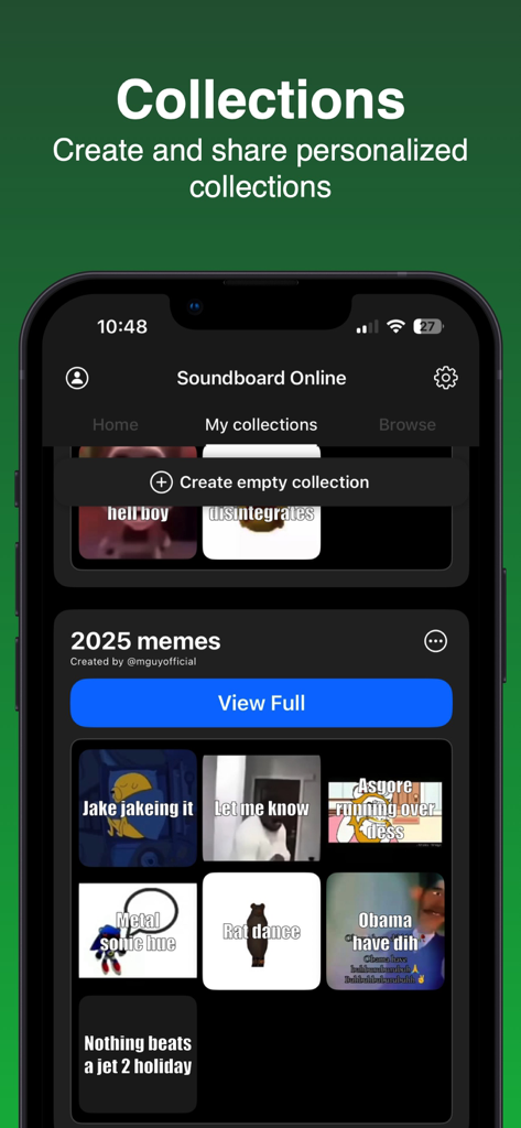 Soundboard Online - Memes - Interfaz de la aplicación móvil Soundboard Online mostrando colecciones personalizadas de memes sonoros.