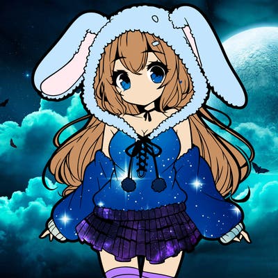 pretty anime girl wearing a fluffy hoodie with bunny ears on the hood and a skirt