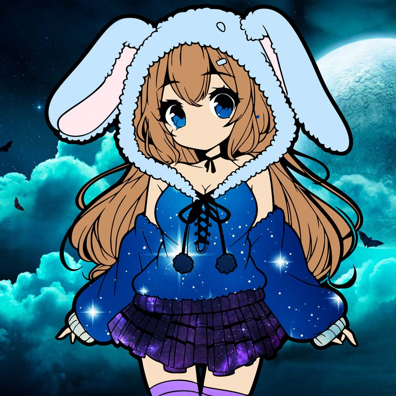pretty anime girl wearing a fluffy hoodie with bunny ears on the hood and a skirt