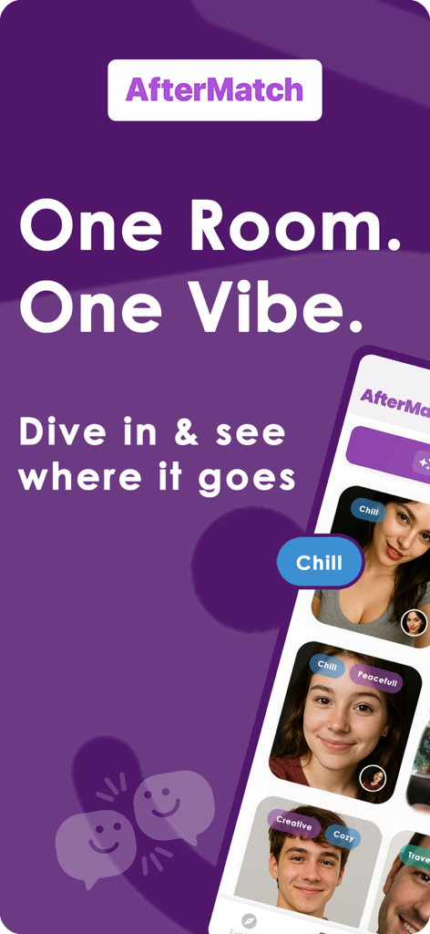 AfterMatch - Make Friends - 관심사 태그가 있는 다양한 사용자 프로필을 보여주는 AfterMatch 모바일 앱 인터페이스