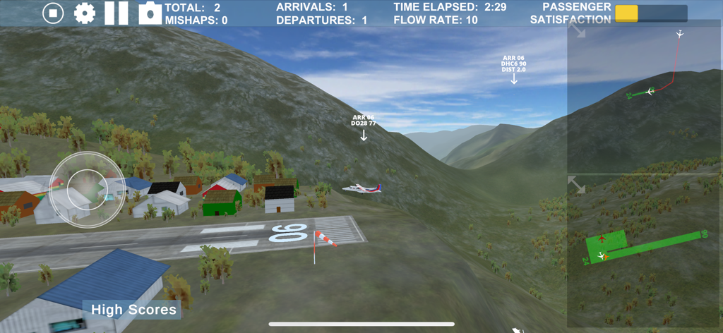 Airport Madness 3D 2 - Airport Madness 3D 2のゲームプレイ。レーダー表示とフライト統計とともに、山岳空港に着陸する飛行機が表示されている。