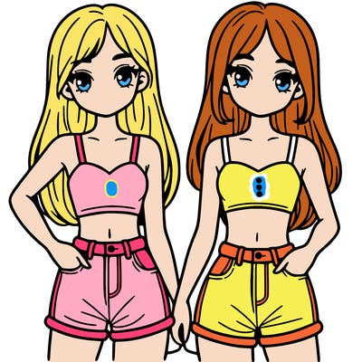 two sisters with crop tops and jean shorts and straight hair