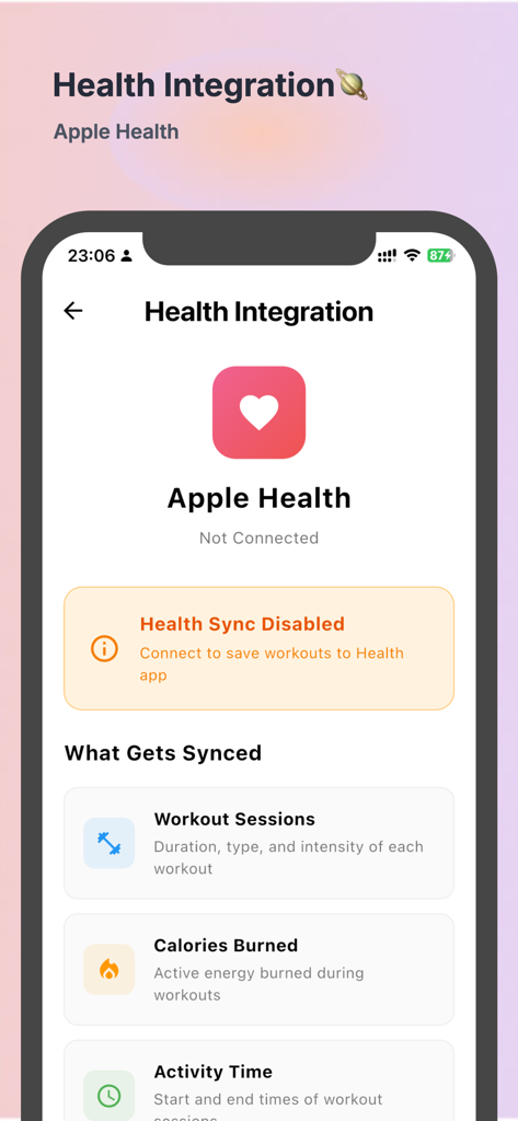Interactive Immersive WarmUp - インタラクティブ・イマーシブ・ウォームアップアプリのヘルス統合画面。ワークアウトセッションとカロリーをApple Healthと同期するための設定が表示されています。