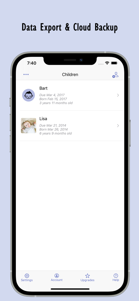 Child Growth Tracker - Interface of the Child Growth Tracker app showing a list of children profiles with birth and due dates under a data export and cloud backup heading.