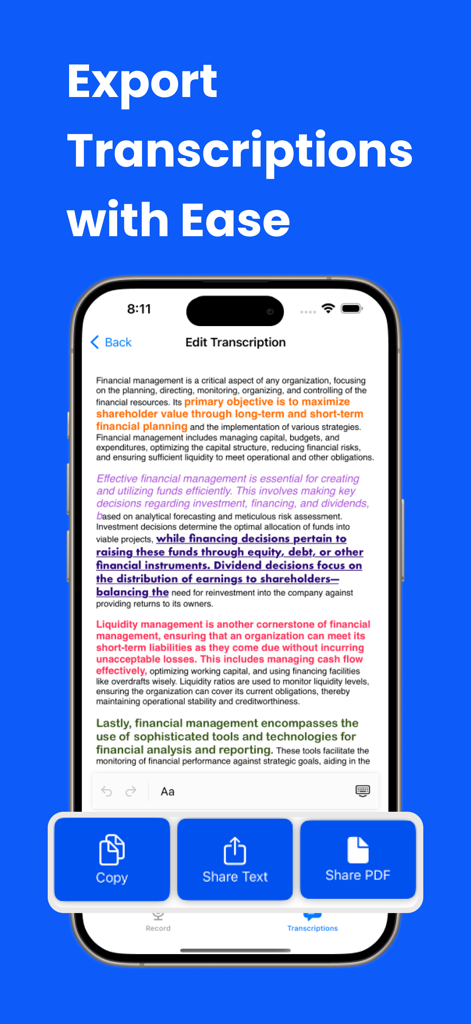 Smartphone screen showing transcription editing and export options for PDF and text sharing