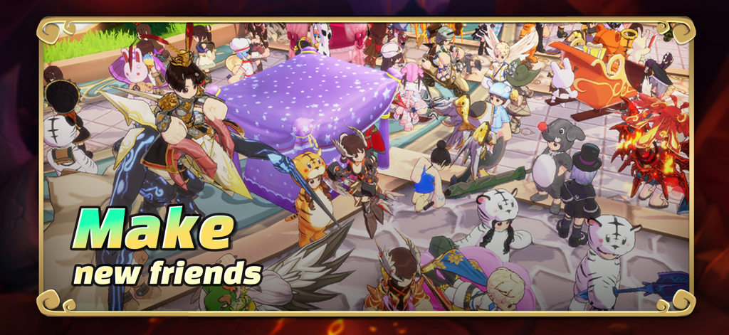 Una multitud de adorables personajes de dibujos animados con diversos disfraces reunidos en un área social de SealM on CROSS