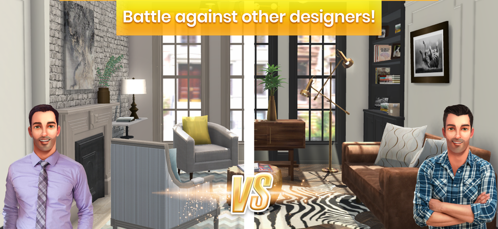 Split screen comparing two different living room designs in a Property Brothers game battle
