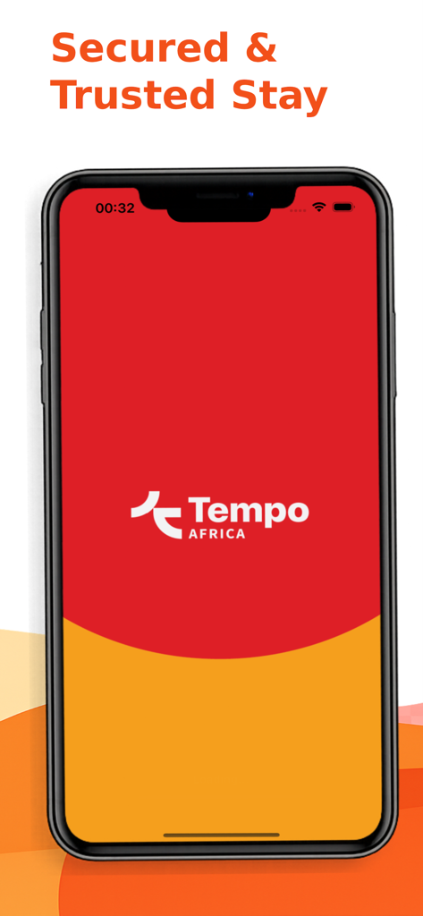 テンポ・アフリカアプリのスプラッシュスクリーン、会社ロゴと「安全で信頼できる滞在」というタグラインを特徴としています
