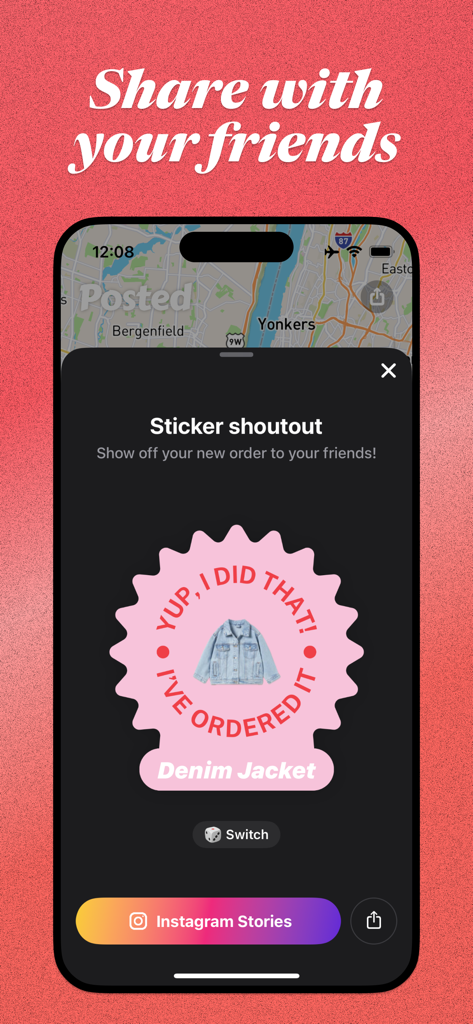A social sharing sticker for a denim jacket order in the Posted package tracker app for Instagram Stories