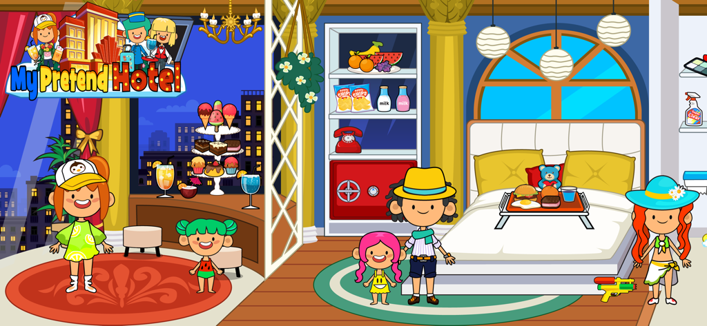 Kinder spielen in einer luxuriösen Hotelsuite mit Snacks und Frühstück im Bett.