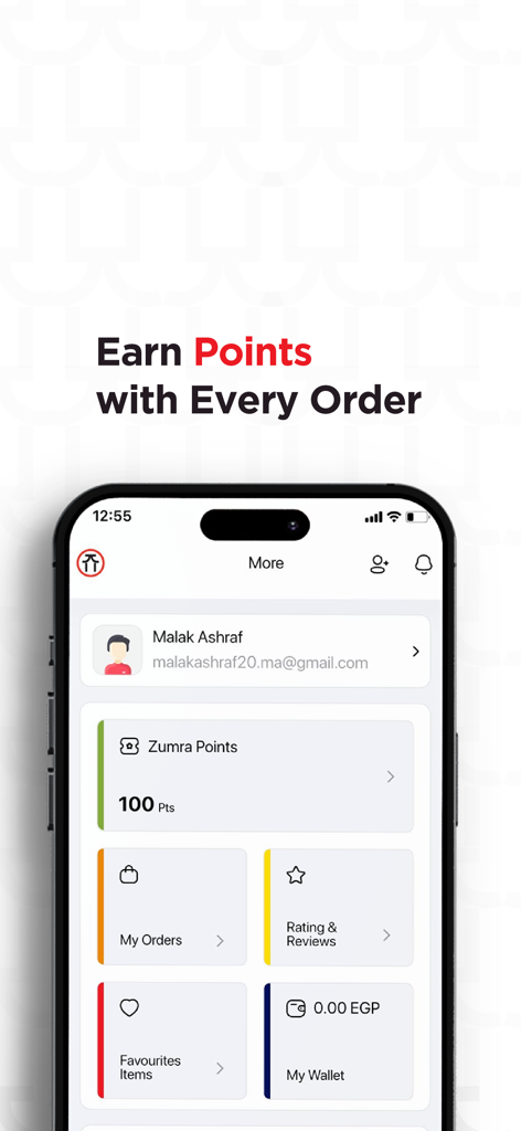 Zumra – Asian Food Delivery - Interfaz del perfil de usuario de la aplicación Zumra que muestra los puntos de fidelidad ganados y las opciones de cuenta
