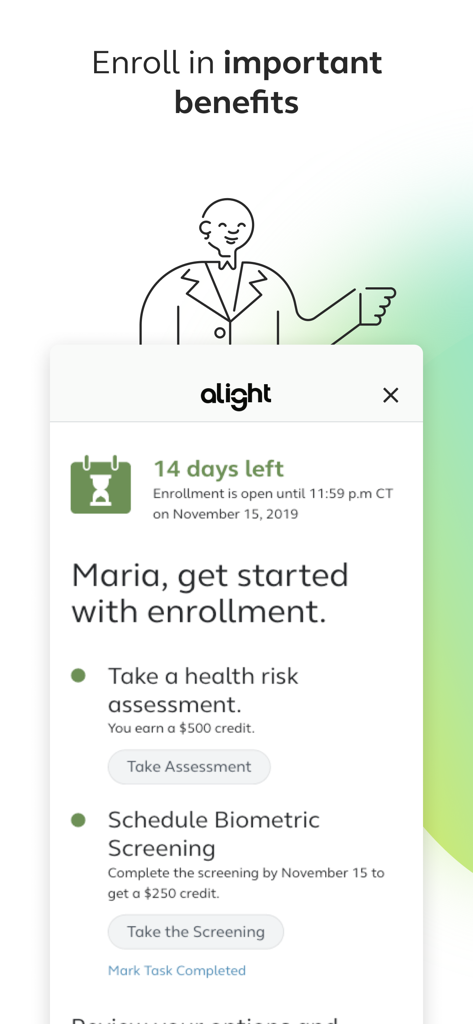 Alight Mobile app interface showing a benefits enrollment task list with health risk assessment and biometric screening options.